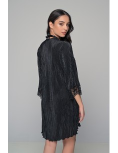 Ρόμπα Ύφασμα Πλισέ με Δαντέλα - Μαύρο 2