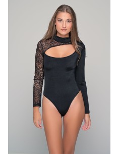 κορμάκι εξώρουχο λύκρα γυαλιστερή και δαντέλα μαυρο-μαύρο