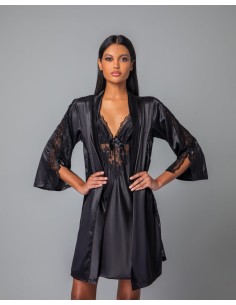 Σατέν Ρόμπα με Δαντέλα - Μαύρο