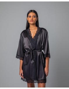 Σατέν Ρόμπα με Δαντέλα - Μαύρο