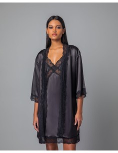 Σατέν Ρόμπα με Δαντέλα - Μαύρο 2
