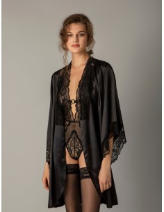 Σατέν Ρόμπα με Δαντέλα - Μαύρο