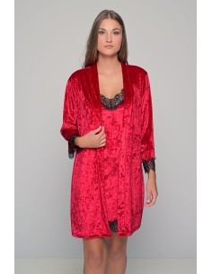 Βελούδινη Ρόμπα με Δαντέλα - Ρουμπινί
