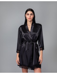 Ρόμπα Σατέν με Δαντέλα - Μαύρο