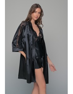 Σατέν Ρόμπα με Δαντέλα - Μαύρο